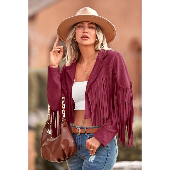 Prettygarden Women's Wine Red Fringe Motorcycle Cropped Faux Leather Jackets - Picture 7 of 9